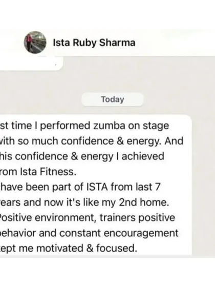 A screenshot of a message from a member of 7 years. She talks about the confidence she gained from our positive environment and constant encouragement, which helped her perform on stage for the first time.