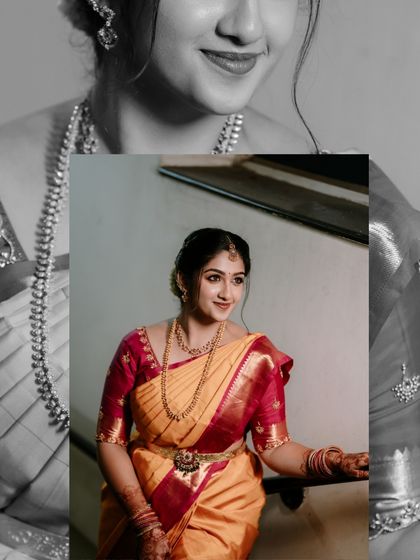 A classic bridal portrait in a stunning yellow and pink saree. The black and white overlay adds a touch of timeless elegance to the colorful attire.
