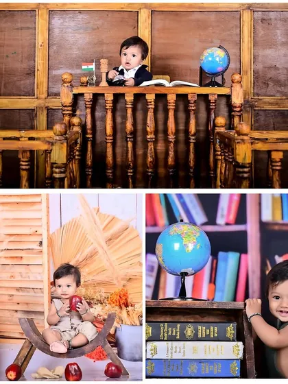 A collage of three distinct themes: a courtroom, a vintage apple setup, and a library, all featuring the same child.