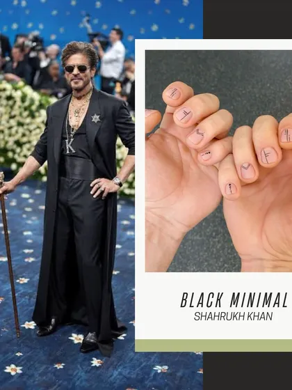 A bold and minimalist look for men, inspired by Shah Rukh Khan. This design features simple black letters on a clean, natural nail.