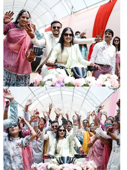 The bride and groom make a grand entrance on a scooter, surrounded by cheering family and friends. These moments are full of energy and excitement.