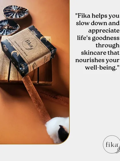 Fika is about slowing down to appreciate life's goodness. This image pairs that philosophy with my product, showing a beautifully wrapped soap bar next to natural elements like cinnamon and cotton.