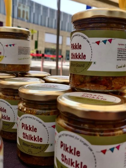 A close-up of my Bitter Gourd pickle jars at the market. Even this unique pickle gets a lot of love from customers.