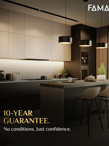My confidence in M-Core™ is absolute. That is why I offer a 10-year guarantee with no conditions. This kitchen, with its clean lines and minimalist island, is a testament to that promise of lasting quality.