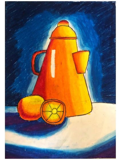 A still life of a kettle and oranges, done with oil pastels. This piece shows a sophisticated understanding of light and shadow to create a dramatic effect.