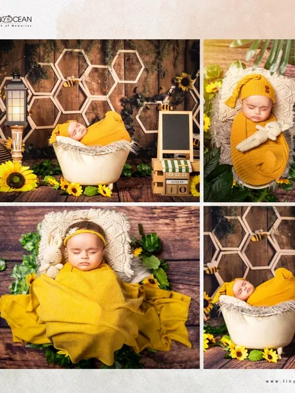 A collage showcasing our popular honeybee theme. It displays multiple angles and poses, from the full setup with sunflowers to close-ups of the baby sleeping peacefully in yellow wraps.