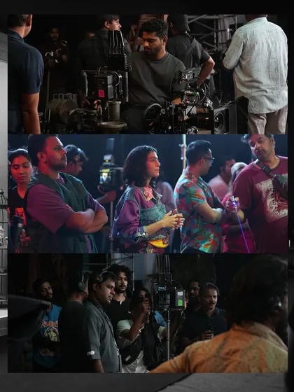 A collage of the crew at work on the 'Let's Vibe' commercial, demonstrating the collaborative process between the director, DOP, and our lighting team.