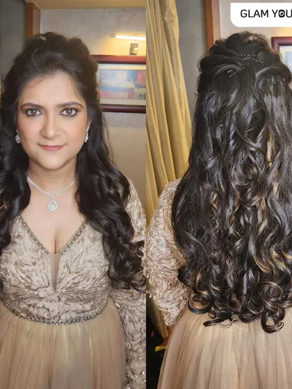 Your reception or engagement look is a chance to go full glam. I created this sultry bronze smokey eye and paired it with soft, voluminous curls. This combination is a classic for a reason and guarantees you'll be turning heads all night.