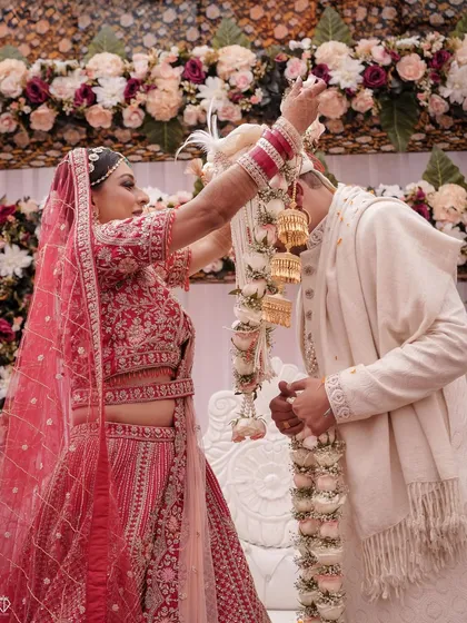 The Varmala ceremony, a key ritual where the couple officially accepts each other.