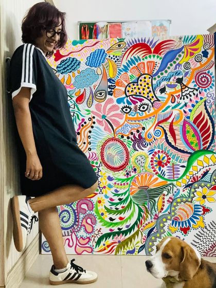 A happy moment with my work-in-progress. This canvas has been my companion for many weeks.