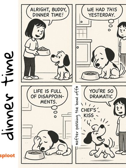 A little comic about the drama of dinnertime. Even if they act disappointed at first, a good meal always wins them over in the end. Chef's kiss.