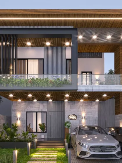 This front-on render details the material palette and geometric composition. The combination of dark metal frames, light stone, and warm wood cladding is a signature element of our modern Indian architectural style.