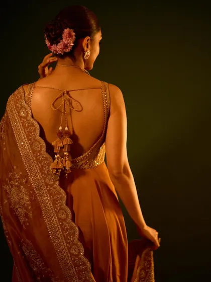A beautiful shot of the back of the anarkali, showing the delicate tie-up detail and elegant tassels.