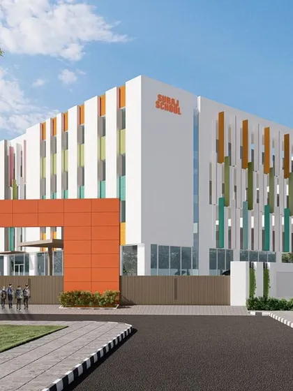 A concept render for the Suraj School in Gurugram, featuring a vibrant and colorful facade. We used vertical fins in bright hues to create a playful and stimulating environment for students while also providing practical sun shading for the building.