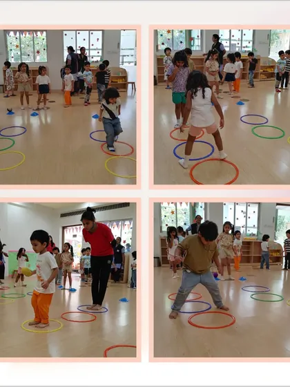 An indoor obstacle course with colorful hoops provides a fantastic opportunity for children to practice jumping, balancing, and following directions in a playful and structured setting.