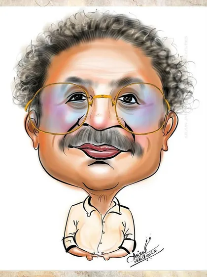 A detailed digital caricature of a man with curly hair and glasses. I focus on capturing the unique features that make each person's face interesting.