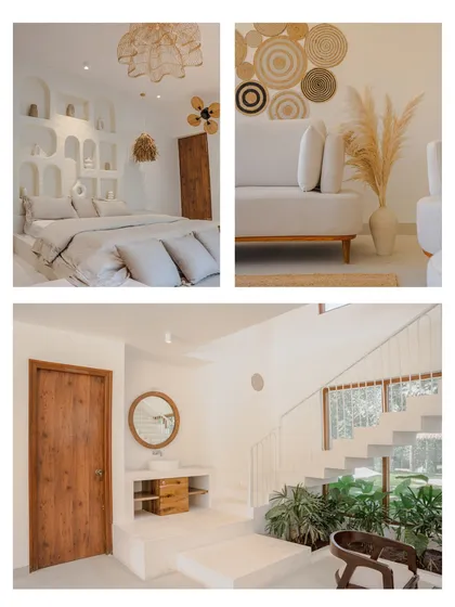 This collage captures the essence of the villa's design philosophy: the serene bedroom, the natural textures of the living room, and the clean, plant-lined staircase.