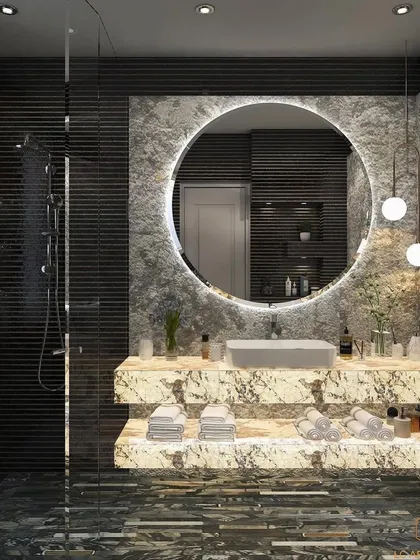 A luxurious bathroom concept using four different types of marble to achieve a stunning look. The design features a floating vanity, a large backlit mirror, and a mix of dark and light stones.
