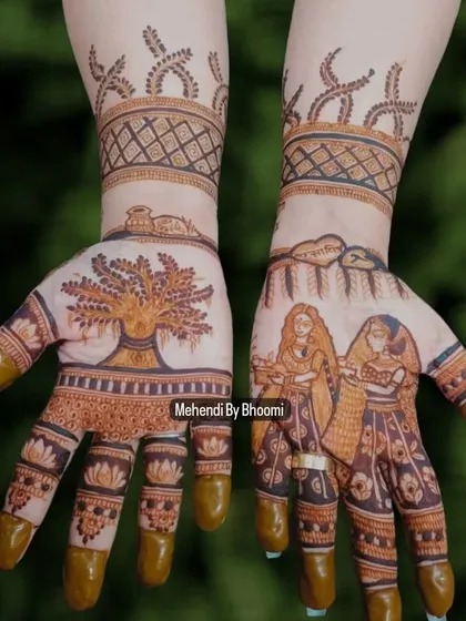 A special design for the Vat Savitri puja, telling the story of Savitri and Satyavan. On one hand, you see the Banyan tree, and on the other, women performing the puja, showing how we can weave traditional stories into the henna.
