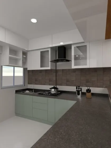 A 3D render of a kitchen with sage green cabinets and an open breakfast bar.