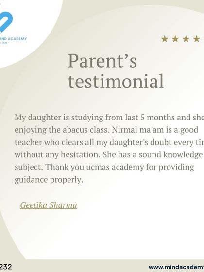 This testimonial is a duplicate of ID 71 and shares the same positive feedback about our abacus classes and teacher's supportive approach.