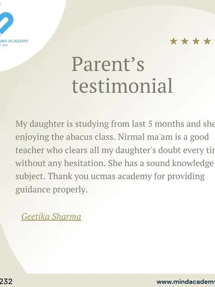 This testimonial is a duplicate of ID 71 and shares the same positive feedback about our abacus classes and teacher's supportive approach.