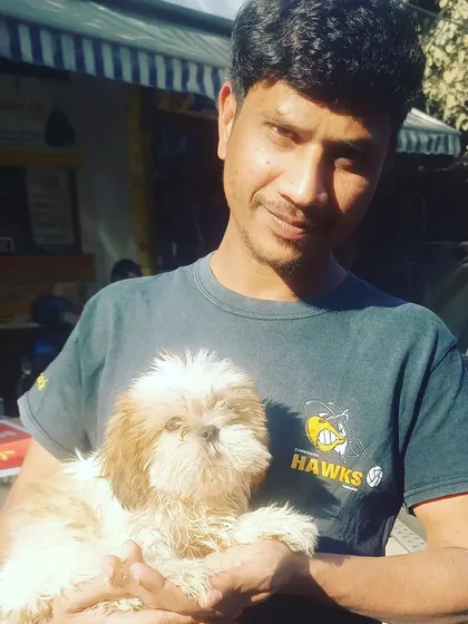 Having a dog is a blessing. This new pet parent looks thrilled with his fluffy Shih Tzu puppy, and I am happy to have made the match.