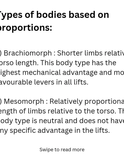 There are different body types based on proportions, from brachiomorph (shorter limbs) to mesomorph (proportional). Understanding your own leverage is key to effective training.