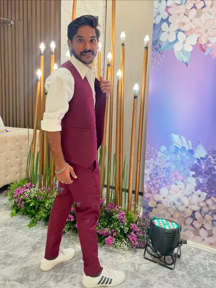 A full look at my three-piece suit for a formal wedding event.