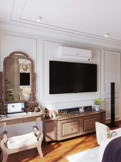 A close-up of the vanity area, which doubles as a workspace, showcasing the detailed craftsmanship of the furniture.