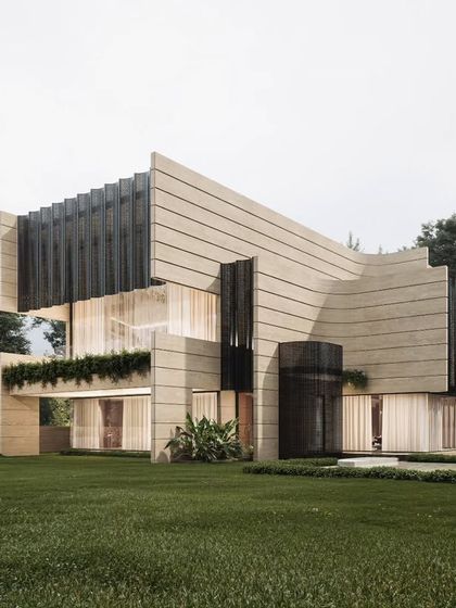 This render highlights our expertise in visualizing bold, minimalist architecture. We focus on the clean lines, the interplay of light and shadow on the stone facade, and the integration of greenery to produce a striking and photorealistic result.