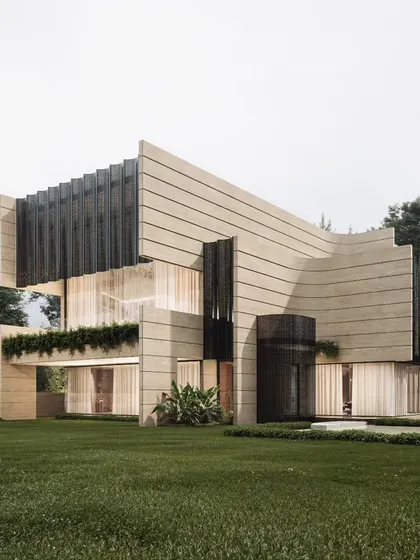 This render highlights our expertise in visualizing bold, minimalist architecture. We focus on the clean lines, the interplay of light and shadow on the stone facade, and the integration of greenery to produce a striking and photorealistic result.