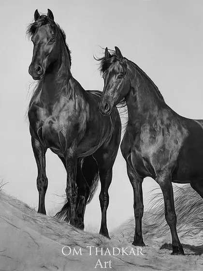 In 'Harmony', I depicted two horses standing peacefully together on a large 5 by 3 foot archival paper. This piece showcases the graceful anatomy and serene bond between the animals, rendered with detailed charcoal strokes.