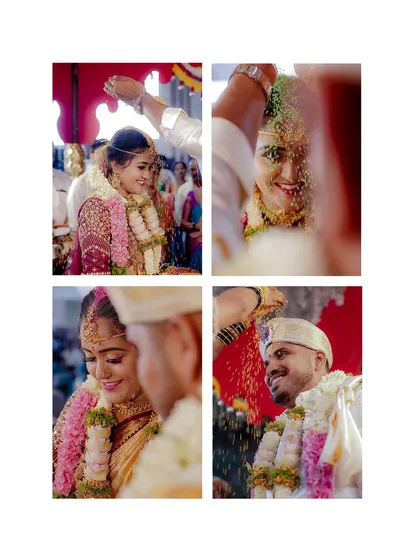 The Akshatai, or showering of blessed rice, is a moment of pure joy and blessings. This collage captures the couple's happy reactions during this beautiful South Indian wedding ritual.