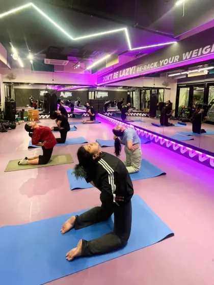 Our yoga class practices the Camel Pose (Ustrasana), a deep backbend that opens the chest and improves spinal flexibility.