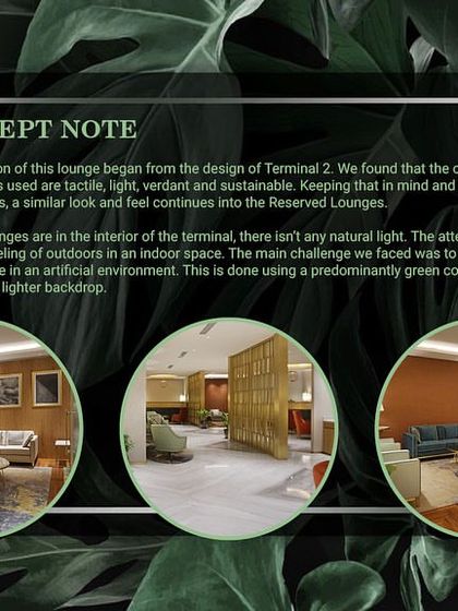 The concept note for 'The Reserved Lounges' project. This presentation board outlines the design inspiration, color palette, and strategy for creating a verdant, upscale feel in an indoor space without natural light.