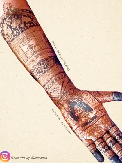 This is an example of a bridal-style mehendi that uses traditional motifs instead of human figures. The design includes a doli (palanquin), a kalash, and other symbolic elements for a classic bridal look.