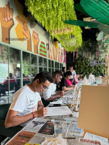 A corporate art workshop in session. I believe that focusing on a creative task like painting can be a meditative experience that recharges the mind.