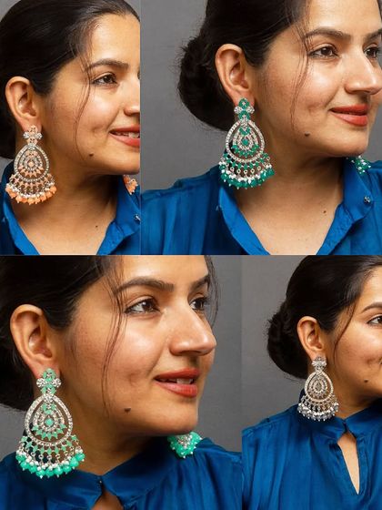 Four shades of American diamond chandelier earrings. These silver-toned earrings are perfect for a party, available in peach, dark green, sea green, and grey.