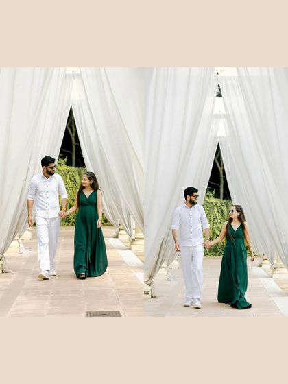 A beautiful collage of a couple walking hand-in-hand through a dreamy white curtain setup, capturing their romantic journey.