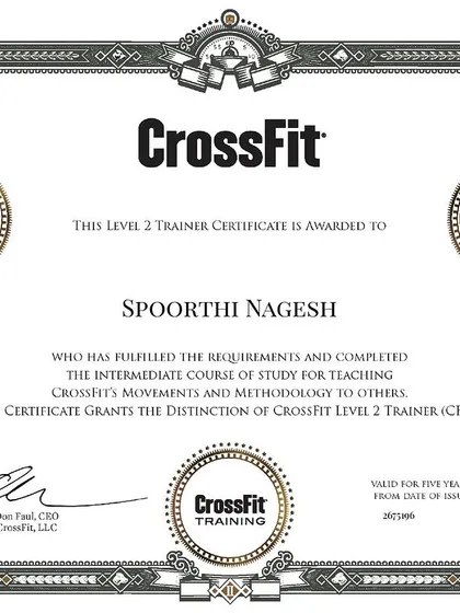 Your fitness journey is guided by certified professionals. We invest in our coaches' education, like this CrossFit Level 2 Trainer certification, to ensure you receive the highest quality instruction and support.
