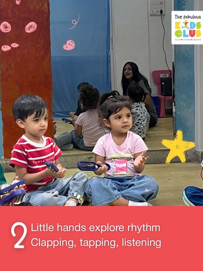 Little hands explore rhythm through clapping, tapping, and listening. Here, children are using simple percussion instruments to feel the beat, an activity that builds both musicality and fine motor skills.