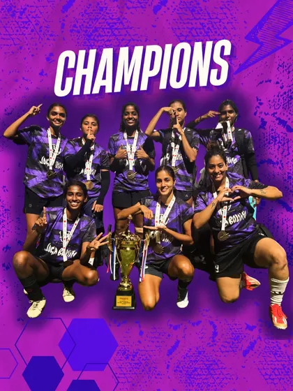 Our team celebrating as champions of the Sisters in Sweat Cup 2025, holding the trophy and medals with pride.