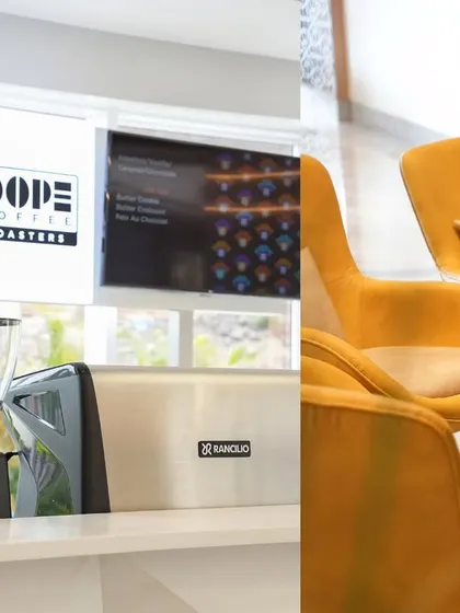 In this commercial detail shot, I used a diptych to connect the coffee-making station with the comfortable guest seating. This composition helps potential customers visualize the entire experience, from ordering to relaxing.