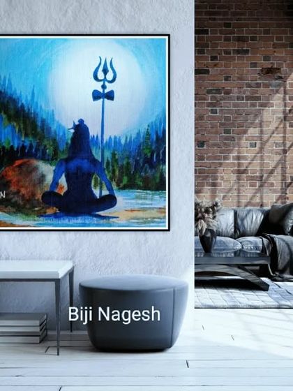My painting 'Akhanda Dhyanam' shows Lord Shiva in deep meditation. The silhouette against a glowing moon and the Trishula creates a powerful and serene atmosphere, perfect for a meditation room or a quiet space in your home.