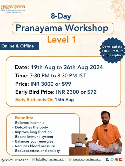 This is the informational poster for my 8-Day Pranayama Workshop, available both online and at my center in Bengaluru. The course is designed to systematically introduce you to the science of breath for stress reduction, improved focus, and overall well-being.