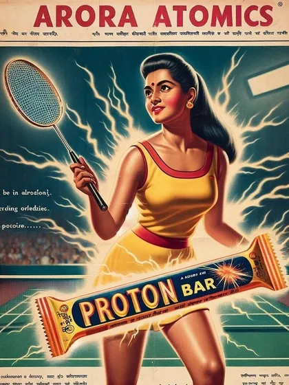 An ad for a 'Proton Bar' from Arora Atomics, promising nuclear nutrition. The 'Parmanupunk' series satirizes consumer culture through the lens of atomic energy.