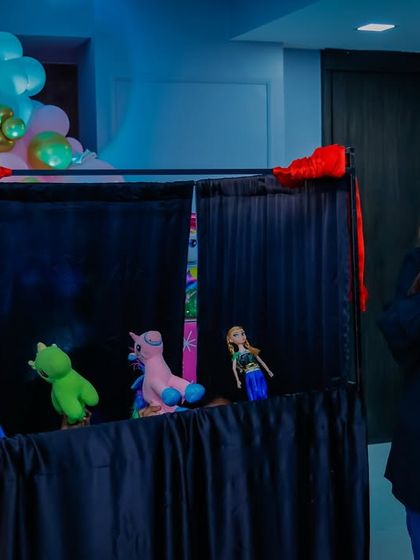 A puppeteer engaging the audience with a story during a princess-themed party. The puppet shows can be customized to fit your party's theme.