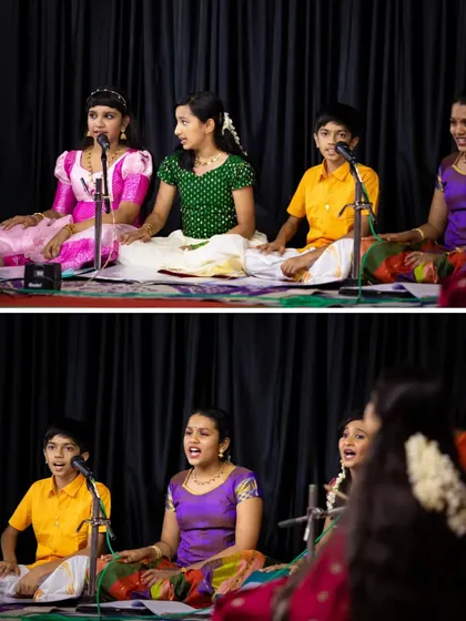 Look at the confidence on the faces of our 'Bindaas Kutti' team. We focus on making Carnatic music for kids an energetic and joyful experience, and the result is seeing them command the stage with such passion. This is them, lost in the music during a live performance.