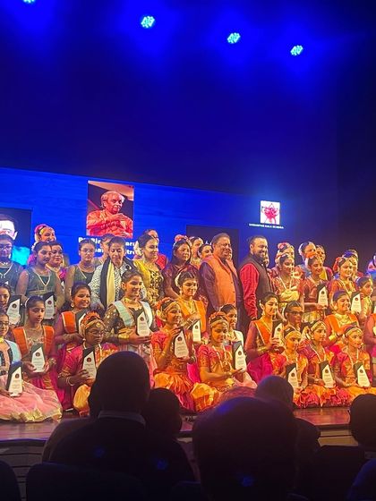 A group photograph with all the young performers from the 'Samarpan Kathak School' event, a testament to the thriving future of our art form.